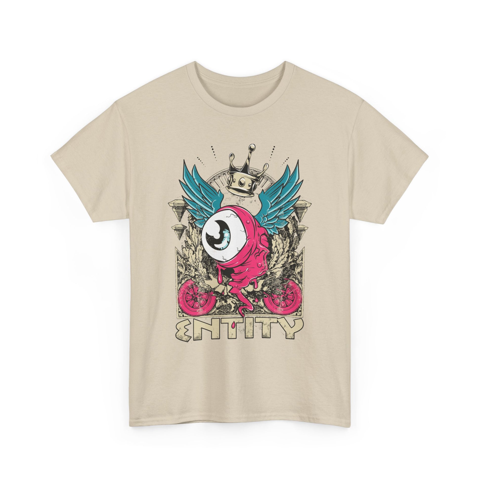Luxury men's t-shirt featuring a striking grotesque eye graphic, vibrant teal wings, and vintage streetwear style, ideal for making a bold fashion statement.