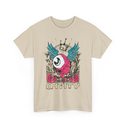 Luxury men's t-shirt featuring a striking grotesque eye graphic, vibrant teal wings, and vintage streetwear style, ideal for making a bold fashion statement.