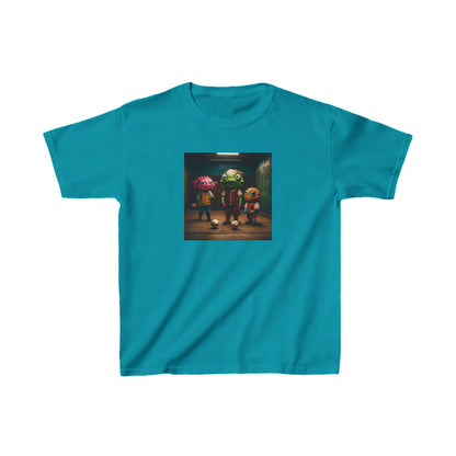Kids Cute Aliens Heavy Cotton T-Shirt adorned with playful alien images, a fashionable piece for budding space enthusiasts.