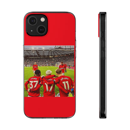 Manchester United Mainoo Garnach Hojlund Soft Phone Case showcasing a striking UV-printed design of soccer players, ideal for loyal fans and stylish protection.