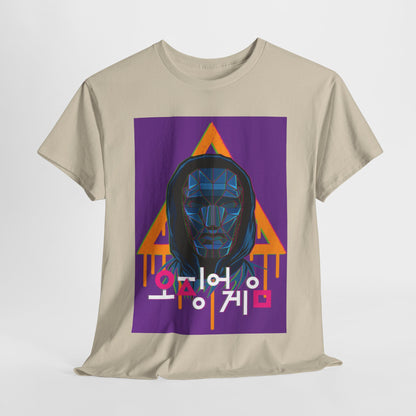 Elegant Squid Game Unisex Graphic T-Shirt featuring a striking design with a geometric face, bold colours, and a stylish urban aesthetic, perfect for fashion-forward individuals.