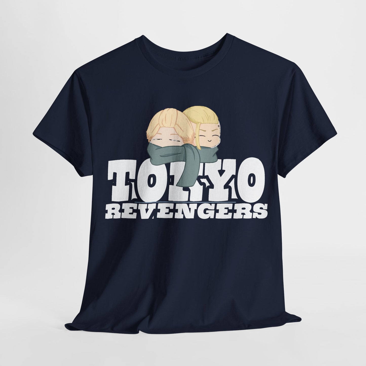 Elegant navy Tokyo Revengers graphic tee, beautifully displaying playful anime characters with thick white text, ideal for urban streetwear and anime lovers.
