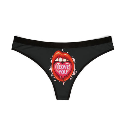 Stylish women's thong displaying a striking design of a mouth and heart, embodying playful romance ideal for special gifts and intimate celebrations.