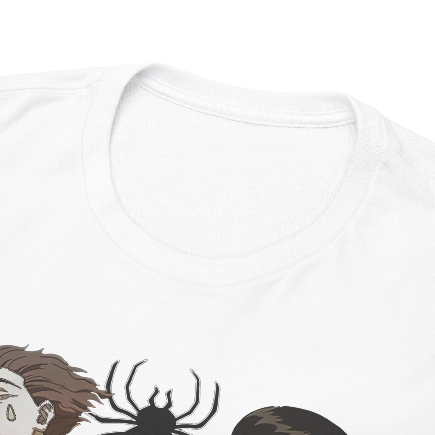 Close-up view of the neckline and fabric of the luxurious white Phantom Troupe T-shirt, highlighting its premium quality and intricate graphics.