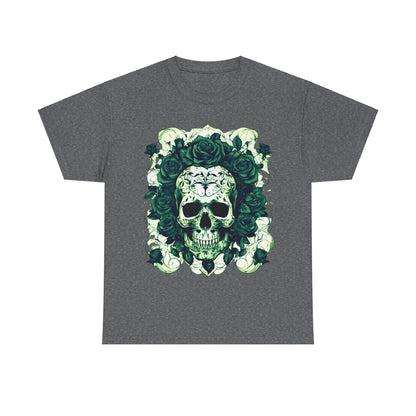 A charcoal grey Skulls and Roses Cotton Tee displayed flat, featuring an elegant skull and rose design, ideal for a bold and stylish wardrobe.