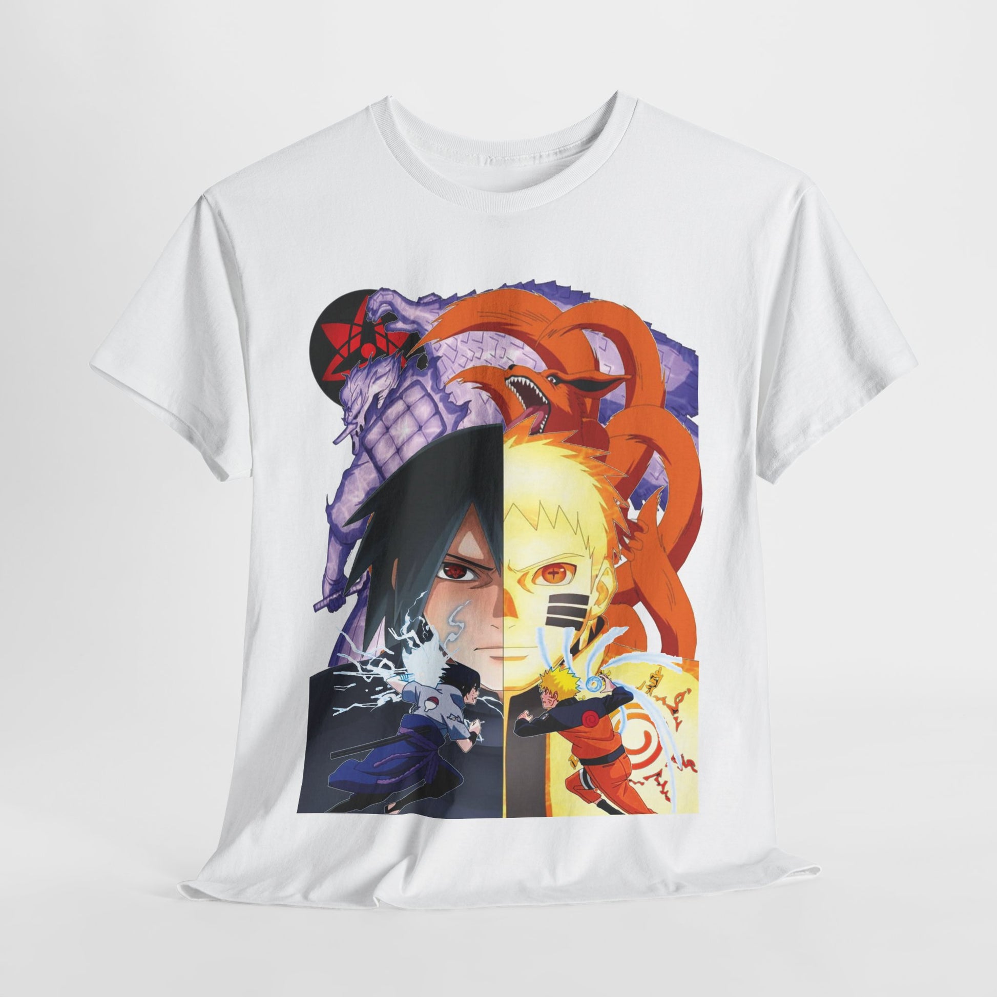 Sleek presentation of an anime-themed T-shirt featuring Naruto and Sasuke, highlighting intricate designs that embody adventure and camaraderie.
