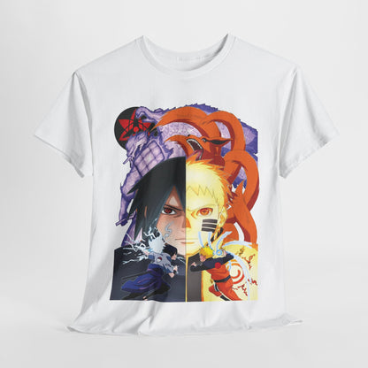 Sleek presentation of an anime-themed T-shirt featuring Naruto and Sasuke, highlighting intricate designs that embody adventure and camaraderie.