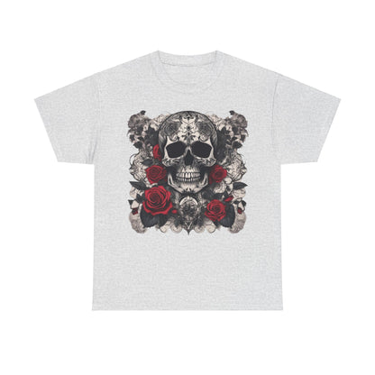 Skulls and Roses Cotton Tee – Unisex graphic shirt featuring intricate skull and rose design, displayed in grey background, perfect for alternative fashion lovers.