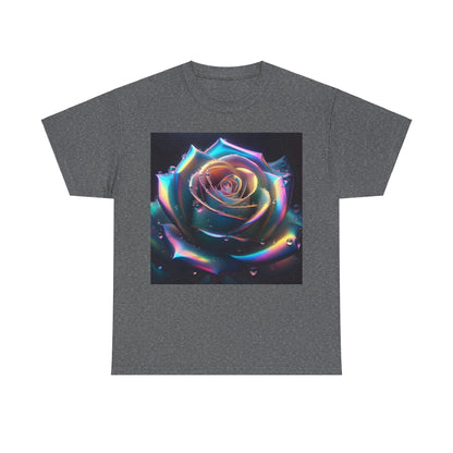 Ethereal Rose Tee Unisex Cotton Graphic T-Shirt featuring a vibrant close-up of a stylized rose with iridescent effects on a charcoal background.
