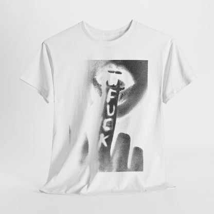 Luxury unisex graphic cotton t-shirt featuring a bold black-and-white design with a hand making a silent gesture, conveying a playful statement.