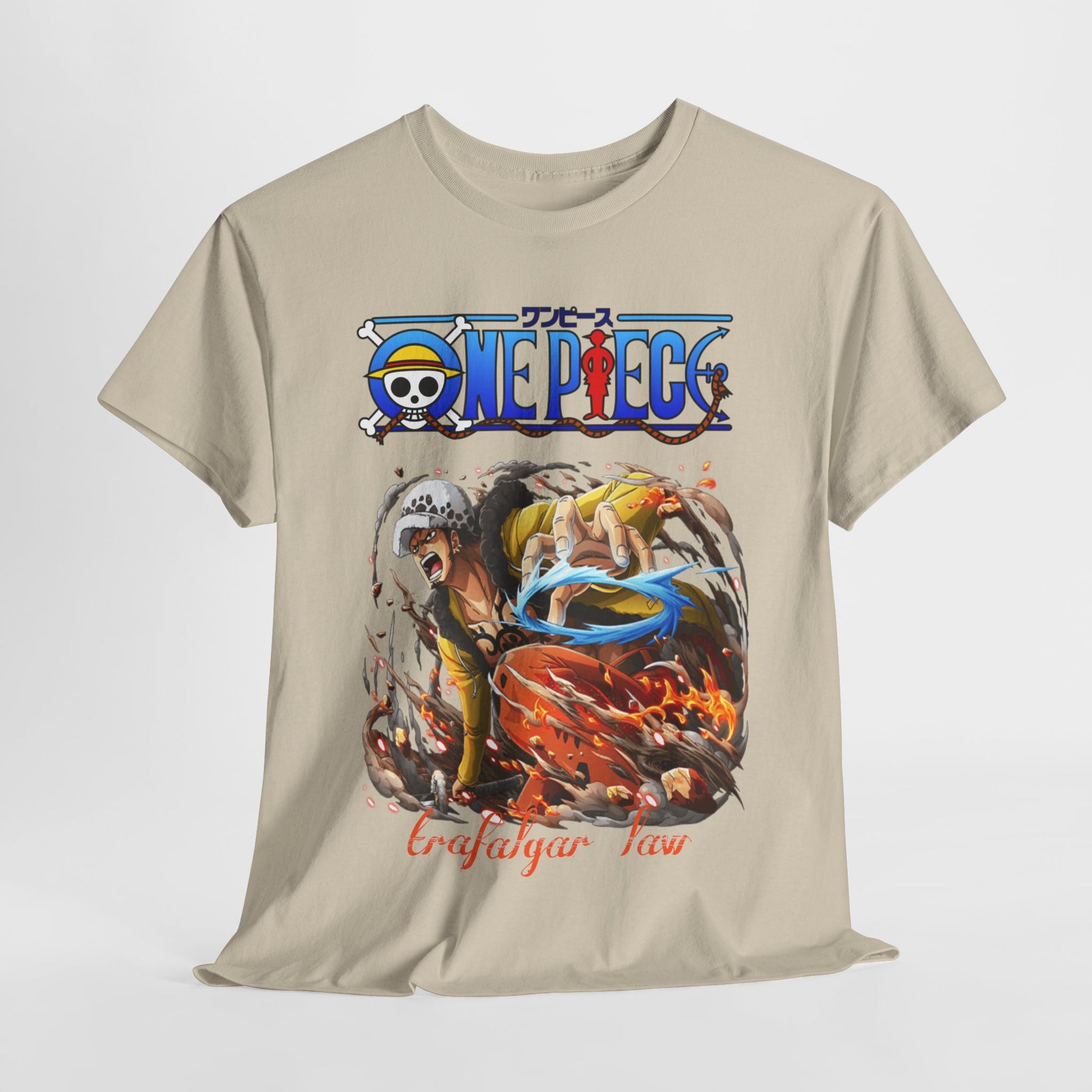 Close-up view of a luxurious men's t-shirt showcasing a captivating illustration of Trafalgar Law from One Piece, ideal for stylish expression and fandom.