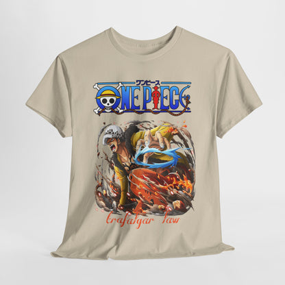 Close-up view of a luxurious men's t-shirt showcasing a captivating illustration of Trafalgar Law from One Piece, ideal for stylish expression and fandom.
