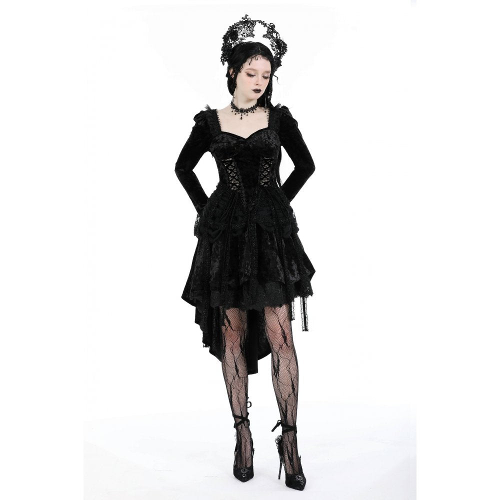 Elegant Dark in Love Seraphina Velvet Lace Goth Dress showcasing luxurious black crushed velvet and intricate lace overlays, perfect for gothic fashion enthusiasts.