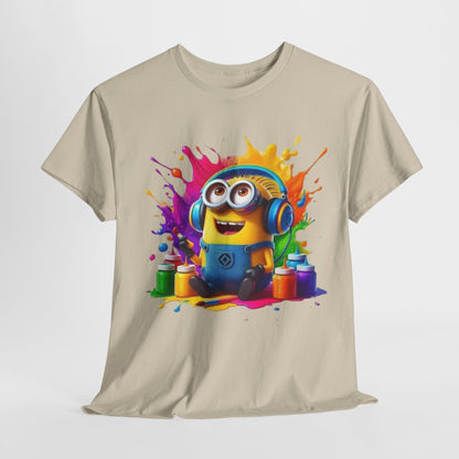 Men's Funny Minion Paint Splash T-Shirt displayed from the front, featuring a whimsical Minion amidst a splash of colourful paint, a great choice for fun-loving individuals.