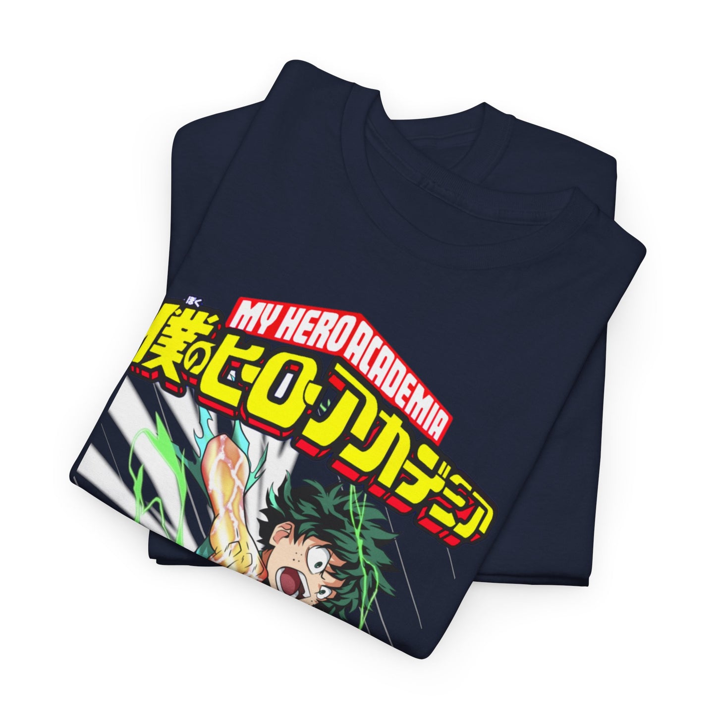 Luxury Izuku Midoriya T-shirt from My Hero Academia, showcasing a vibrant design, featuring action-packed artwork and striking colour accents in teal and red.