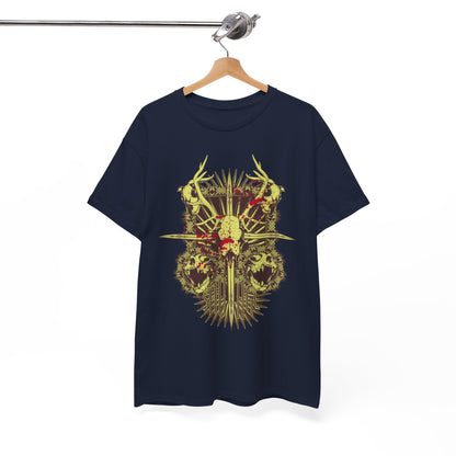 Elegant Men's Artistic T-Shirt showcasing a captivating skull and antler graphic, artistically displayed on a hanger with a sophisticated dark navy backdrop, perfect for statement fashion.
