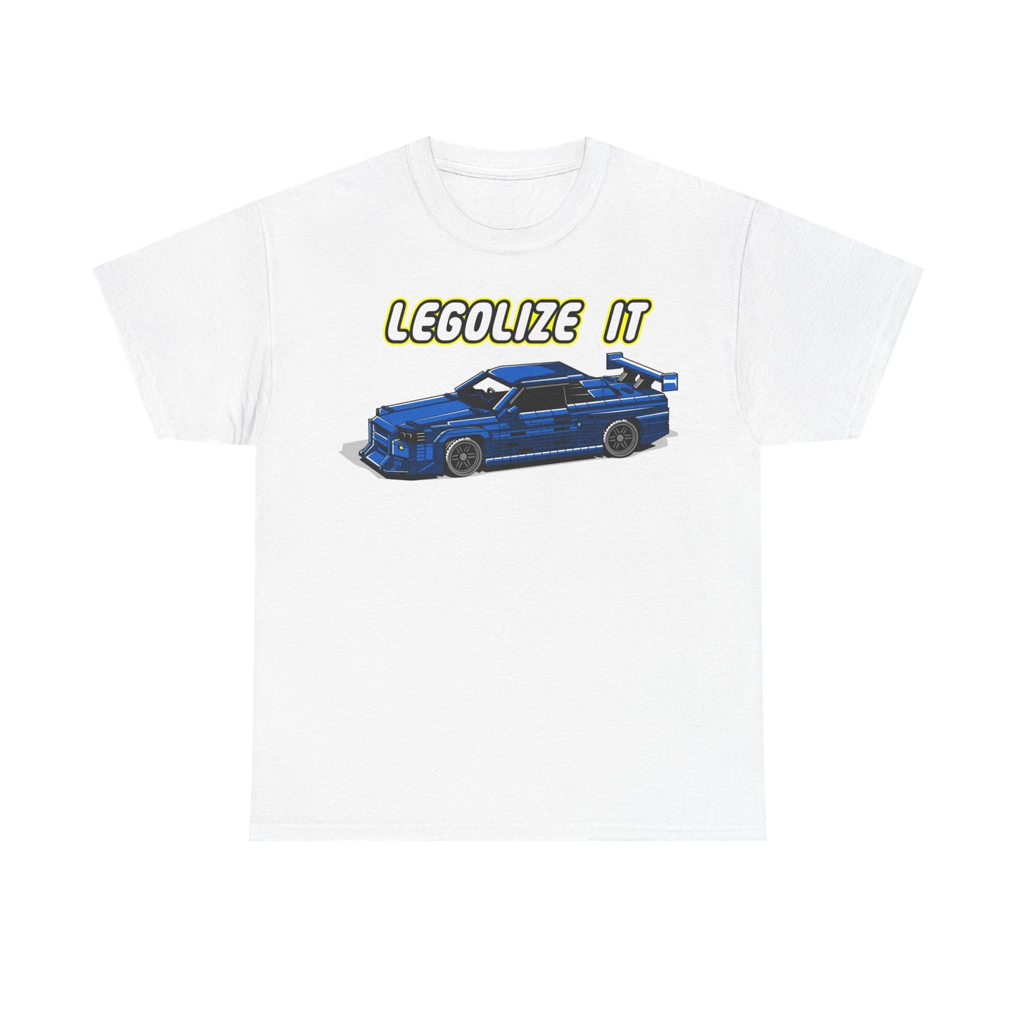 Luxury pixel art men's t-shirt featuring a striking blue sports car design with the bold slogan 'LEGALIZE IT', perfect for trendsetters embracing retro style.