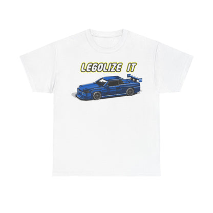 Luxury pixel art men's t-shirt featuring a striking blue sports car design with the bold slogan 'LEGALIZE IT', perfect for trendsetters embracing retro style.