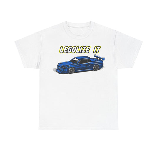 Luxury pixel art men's t-shirt featuring a striking blue sports car design with the bold slogan 'LEGALIZE IT', perfect for trendsetters embracing retro style.