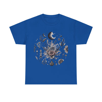 Pure Symphony Floral Graphic Tee - A premium blue t-shirt featuring detailed floral graphics, offering a chic option for casual spring and summer gatherings.
