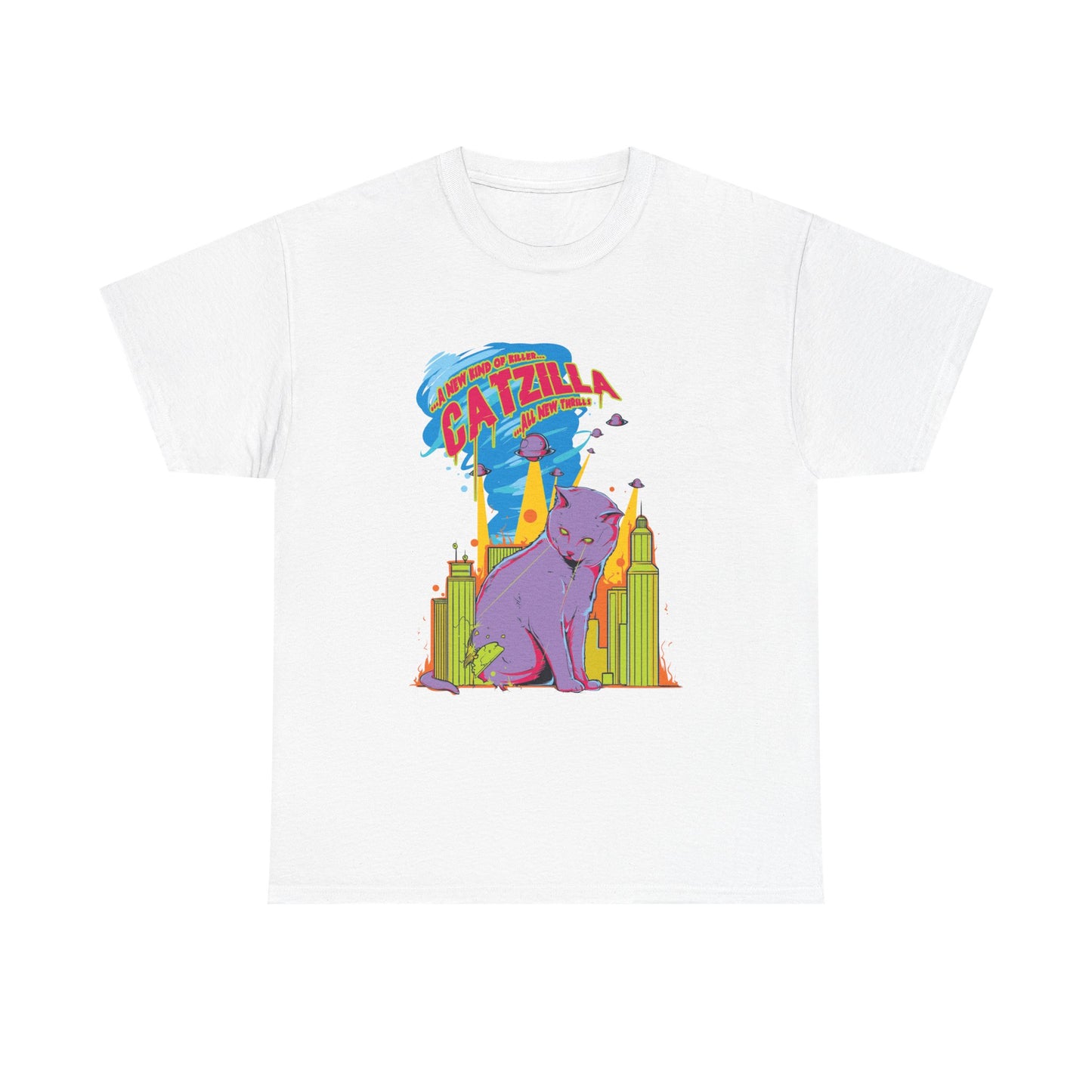 Epic Catzilla Men's T-Shirt featuring bold graphic design of a majestic purple catzilla, set against a vibrant neon cityscape, embodying luxury and adventurous spirit.