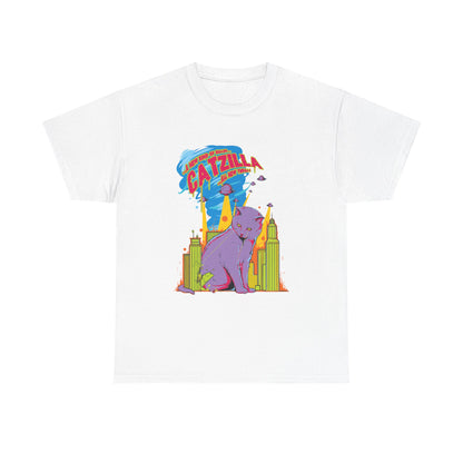 Epic Catzilla Men's T-Shirt featuring bold graphic design of a majestic purple catzilla, set against a vibrant neon cityscape, embodying luxury and adventurous spirit.
