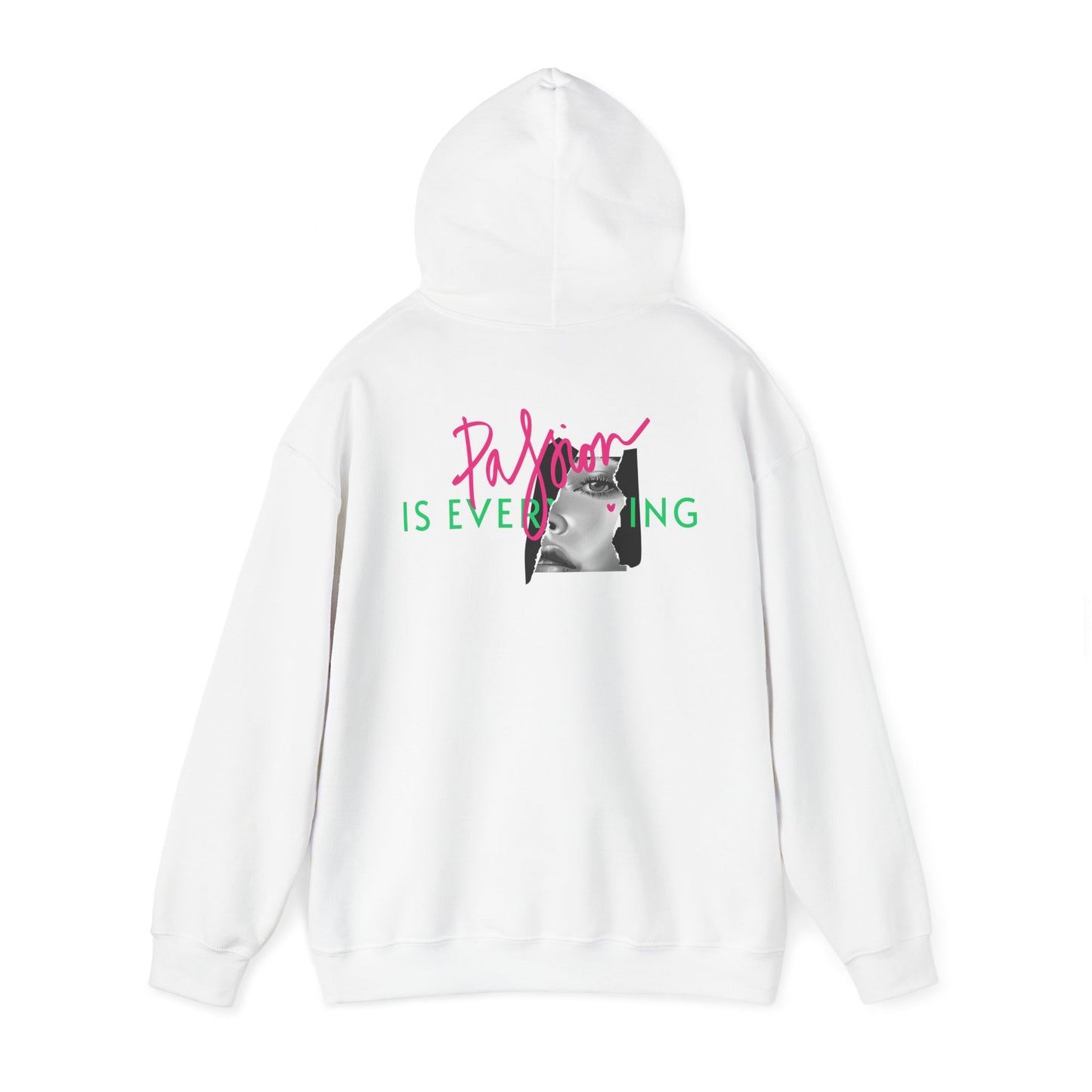 Striking white hoodie with a bold back graphic, featuring the phrase 'Passion IS EVERYTHING' in vibrant colours, embodying artistic expression and style.