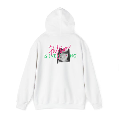 Striking white hoodie with a bold back graphic, featuring the phrase 'Passion IS EVERYTHING' in vibrant colours, embodying artistic expression and style.