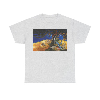 Discworld Reaper Man Graphic Unisex Tee - Luxurious Terry Pratchett Tribute Shirt featuring intricate artwork depicting Death under a whimsical tree, set against a vibrant background.
