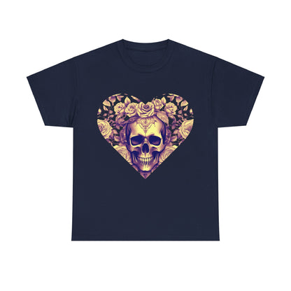 Skulls and Roses Cotton Tee featuring a captivating steampunk heart design with intricate skull and rose motifs, embodying a bold and unique fashion statement.