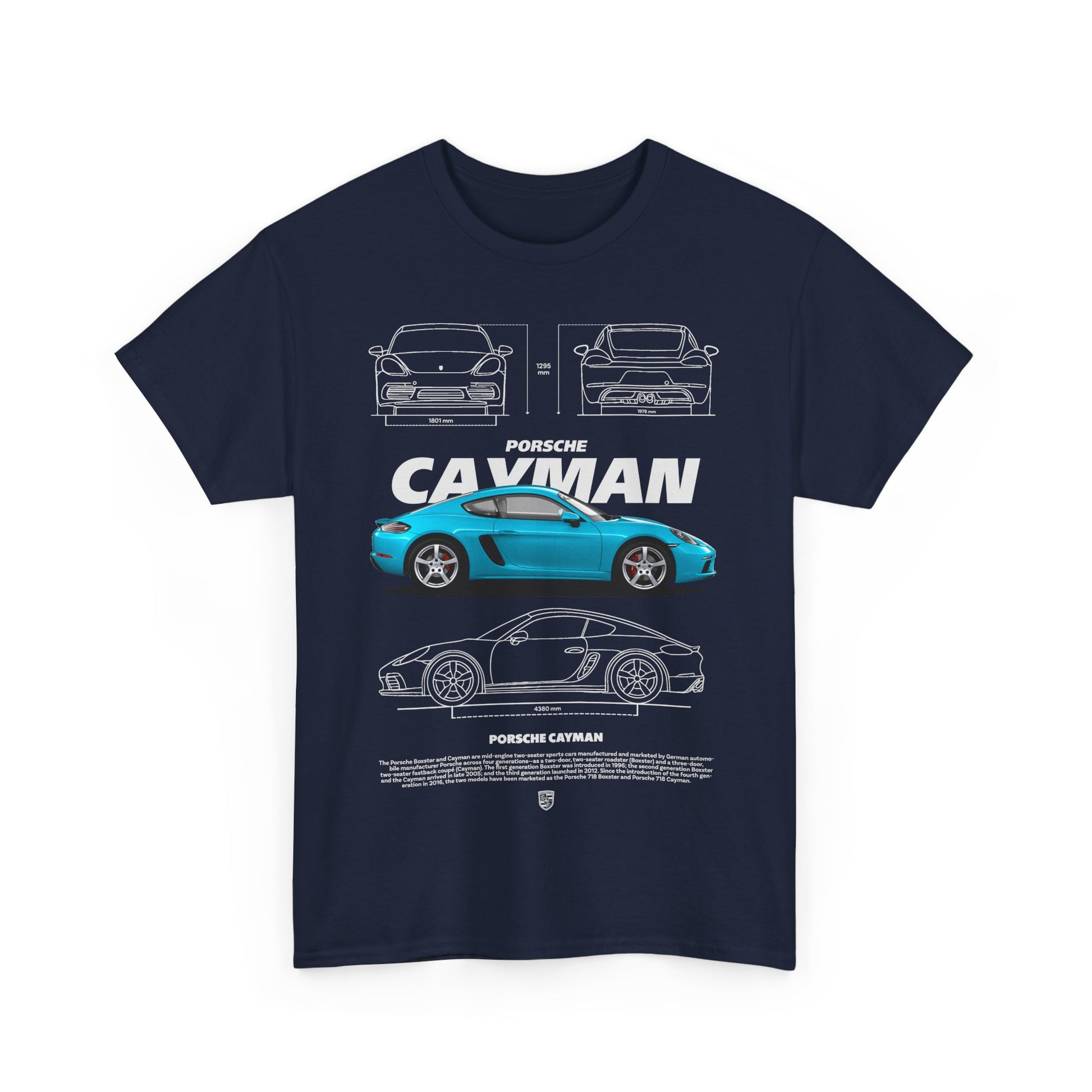 Luxurious navy blue t-shirt featuring a striking Porsche Cayman graphic design, highlighting sleek automotive lines and detailed illustrations.