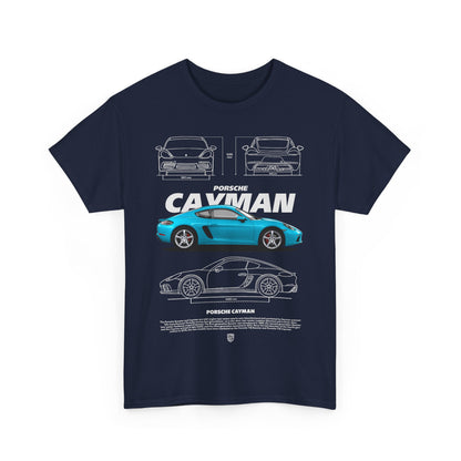 Luxurious navy blue t-shirt featuring a striking Porsche Cayman graphic design, highlighting sleek automotive lines and detailed illustrations.