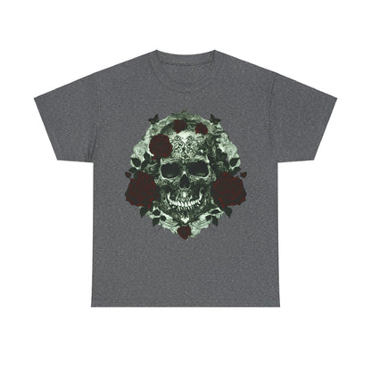 Skulls and Roses Cotton Tee in dark grey, showcasing a striking skull-design surrounded by roses, a luxurious unisex graphic shirt that embodies alternative fashion.