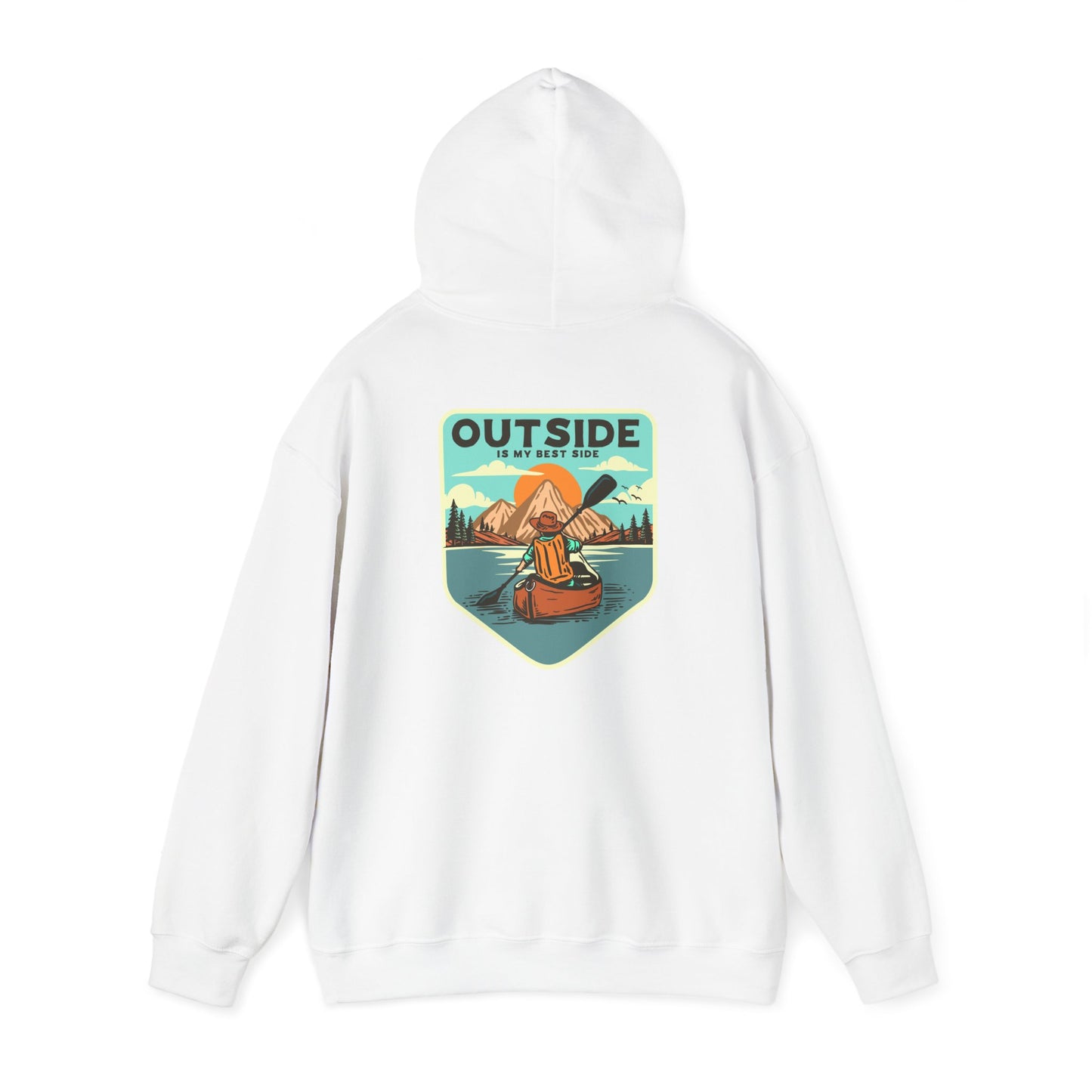 Luxury white hoodie featuring a captivating retro-style back print of a kayaker on a serene lake, surrounded by majestic mountains and a vibrant sunrise, highlighting the message 'OUTSIDE IS MY BEST SIDE'.