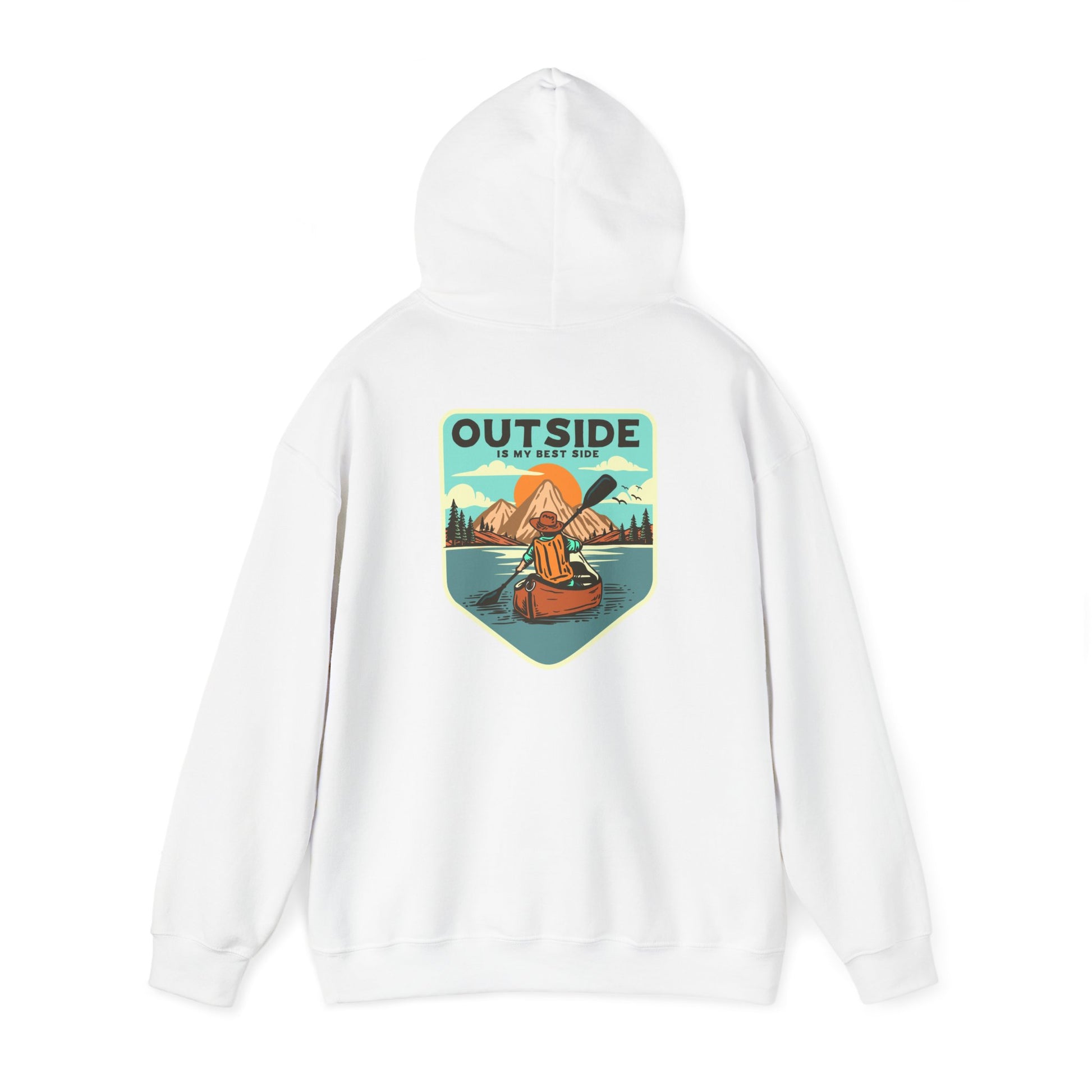 Luxury white hoodie featuring a captivating retro-style back print of a kayaker on a serene lake, surrounded by majestic mountains and a vibrant sunrise, highlighting the message 'OUTSIDE IS MY BEST SIDE'.