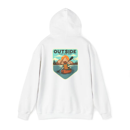 Luxury white hoodie featuring a captivating retro-style back print of a kayaker on a serene lake, surrounded by majestic mountains and a vibrant sunrise, highlighting the message 'OUTSIDE IS MY BEST SIDE'.