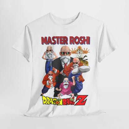 Stylish white T-shirt with striking imagery of Master Roshi from Dragon Ball Z, artfully designed to stand out, perfect for casual wear or anime events.