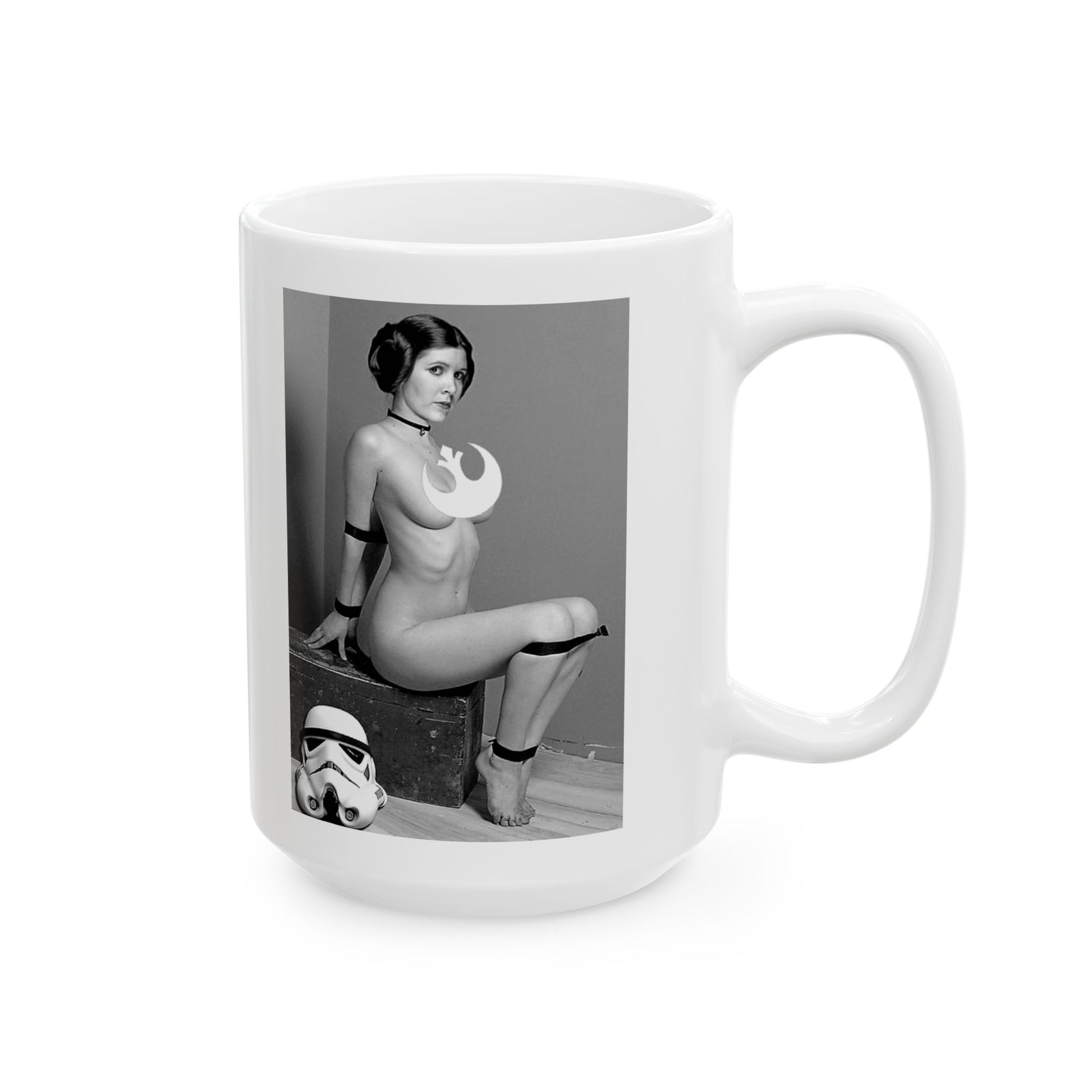 Star Wars Princess Leia Funny Sexy Ceramic Mug displayed on a minimalist wooden box, blending pop culture and tongue-in-cheek artistry for a fun kitchen addition.