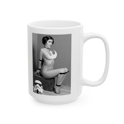 Star Wars Princess Leia Funny Sexy Ceramic Mug displayed on a minimalist wooden box, blending pop culture and tongue-in-cheek artistry for a fun kitchen addition.