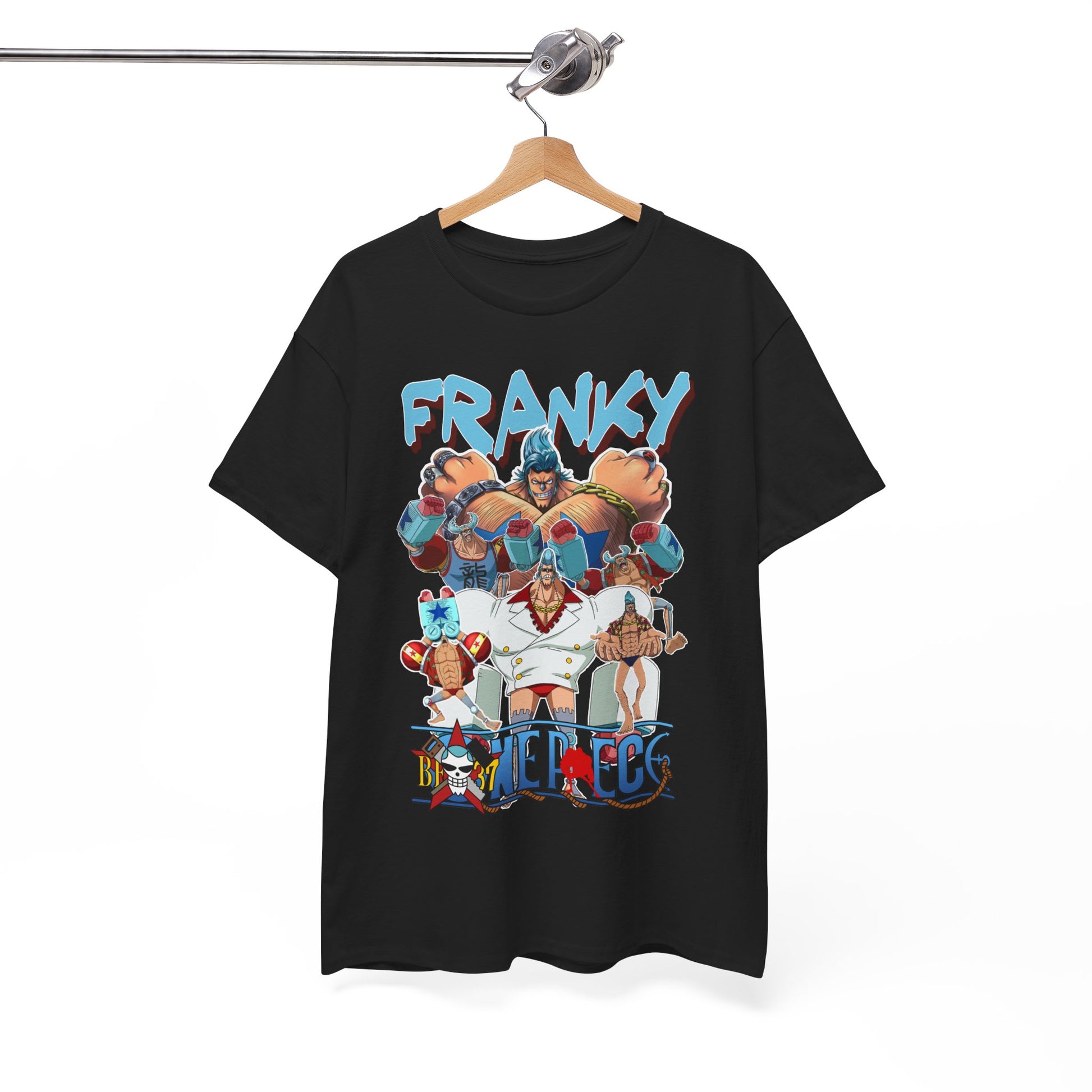 Stylish Franky t-shirt showcased on a hanger, displaying dynamic anime imagery and bold text, perfect for anime enthusiasts looking for fashionable streetwear.