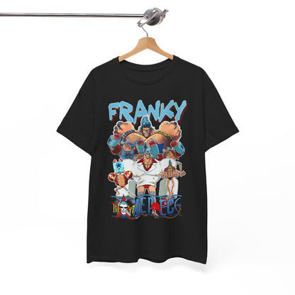Stylish Franky t-shirt showcased on a hanger, displaying dynamic anime imagery and bold text, perfect for anime enthusiasts looking for fashionable streetwear.