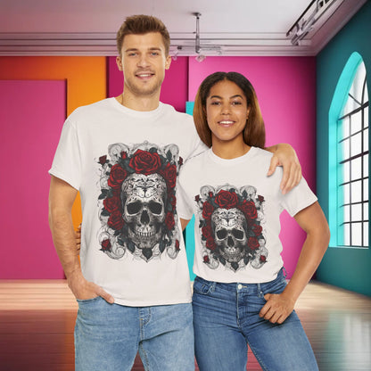 Couple in matching Skulls and Roses Cotton Tees, highlighting the elegant skull and rose design in a chic and vibrant setting, perfect for fashion-forward individuals.
