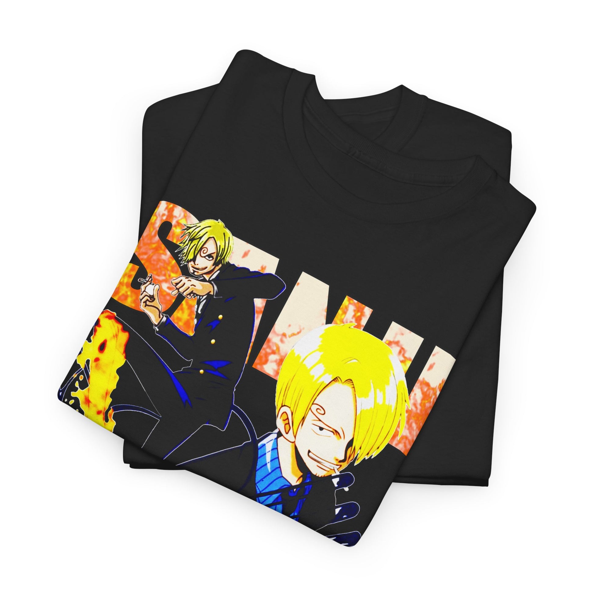 Stacked premium black anime t-shirts, showcasing vibrant character graphics, ideal for stylish anime enthusiasts looking to elevate their wardrobe selection.