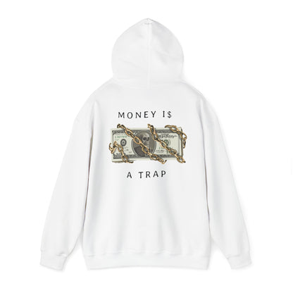 Trendy white hoodie featuring a striking back print of a skull-adorned dollar bill framed by chains, showcasing the provocative phrase 'MONEY IS $ A TRAP'. Perfect for those who appreciate bold statements in fashion.