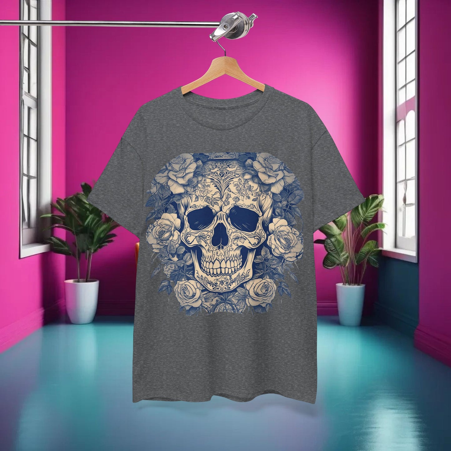 Skulls and Roses Cotton Tee, Unisex Graphic Shirt, 7 color choice