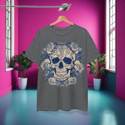 Skulls and Roses Cotton Tee displayed elegantly in a modern interior, highlighting its unique skull design against vibrant surroundings.