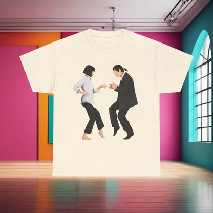 Pulp Fiction Graphic T-Shirt in cream highlighting stylish characters in motion, ideal for a fashionable, luxurious wardrobe.