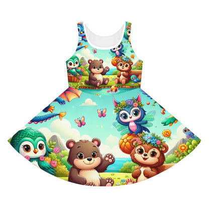 Elegant Sophia Blossom Girls Sundress by Dazzling Dreams Studio featuring enchanting fantasy animal print, perfect summer wear for children.