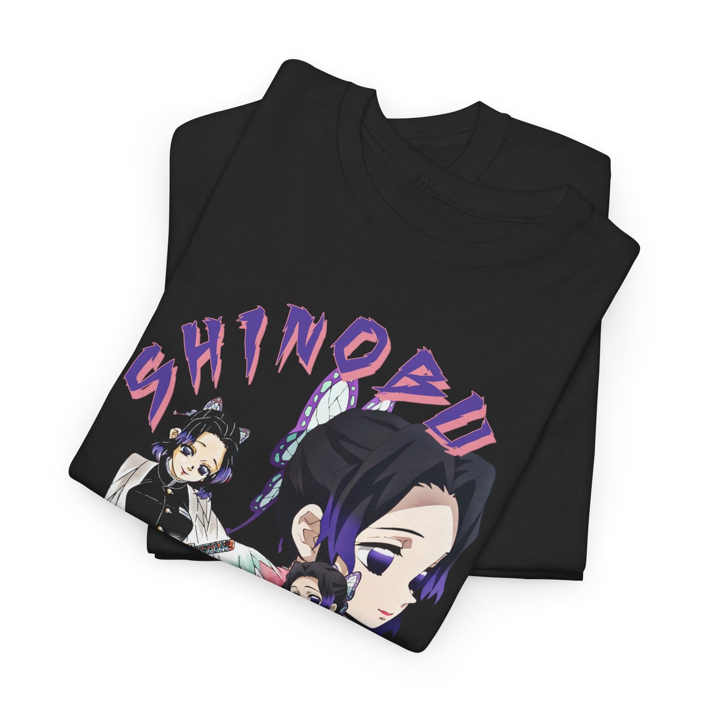 Luxurious folded T-shirt revealing stunning graphic imagery of Shinobu Kocho from Demon Slayer, showcasing her elegance and strength with enchanting butterfly accents.