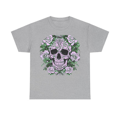 Skulls and Roses Cotton Tee, Unisex Graphic Shirt, 7 color choices, showcasing a high-quality grey cotton tee adorned with a detailed steampunk skull and roses print.